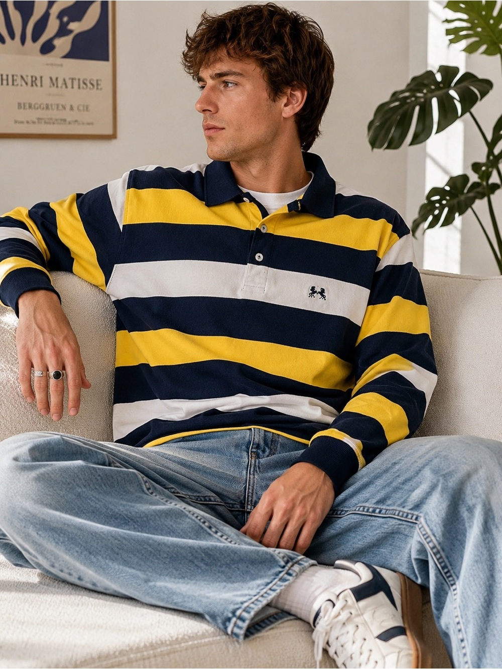 NAGA Striped Rugby Shirt Men’s Medium Blue Yellow Long Sleeve Polo